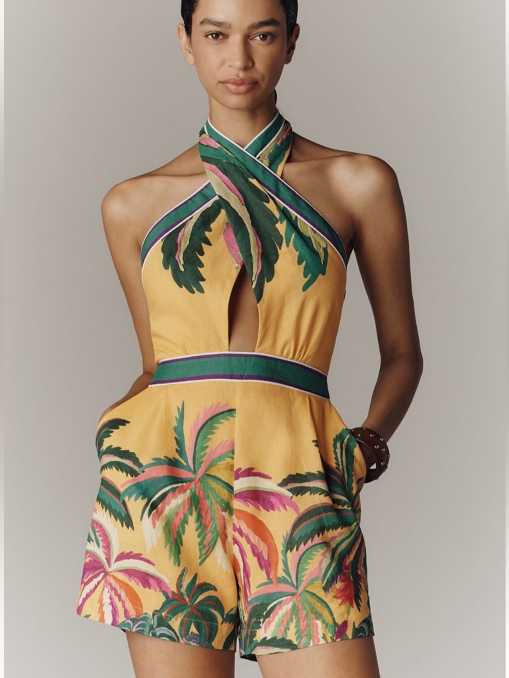 FARM Rio Linen Blend Halter-Neck Romper Tropical Romper w Palm Print New M